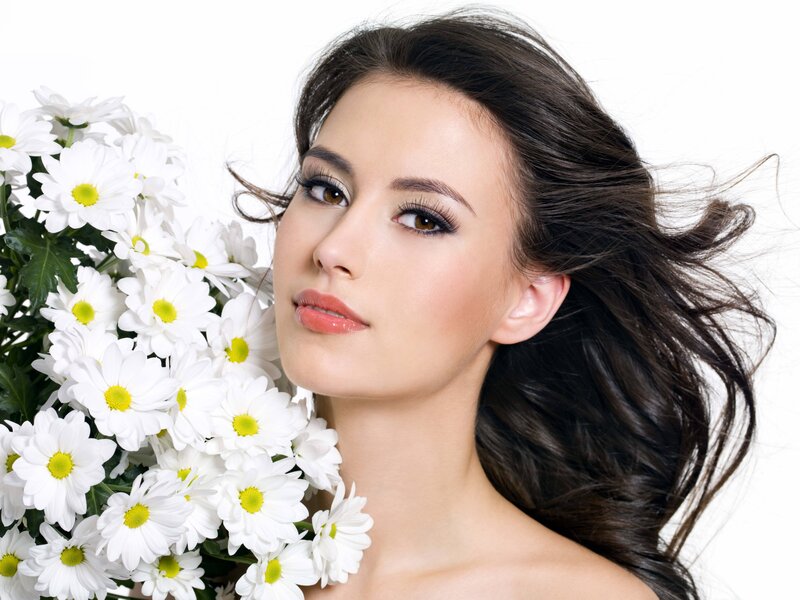 Woman with Daisies — White, Serene, Photograph, Flowers