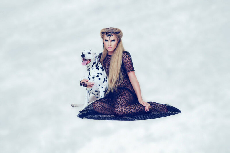 Woman with Dalmatian Dog — Black, Dramatic, Photograph