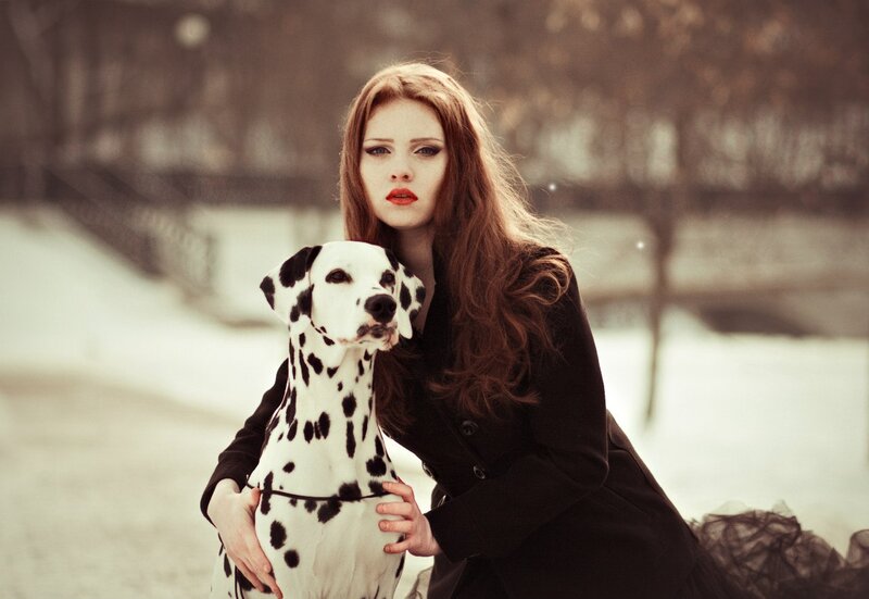 Woman with Dalmatian Dog — Black, Dramatic