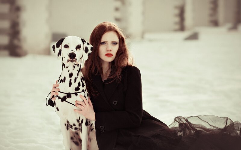 Woman with Dalmatian Dog — Black, Dramatic, Winter
