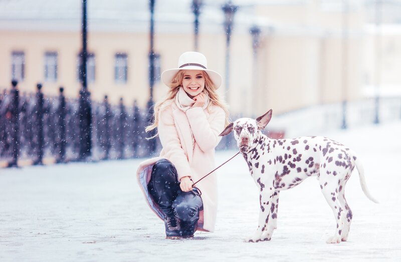 Woman with Dalmatian Dog — White, Calm
