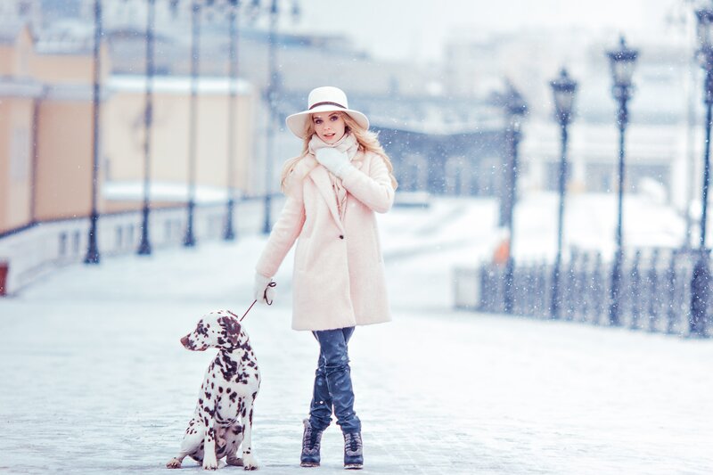 Woman with Dalmatian Dog — White, Cold