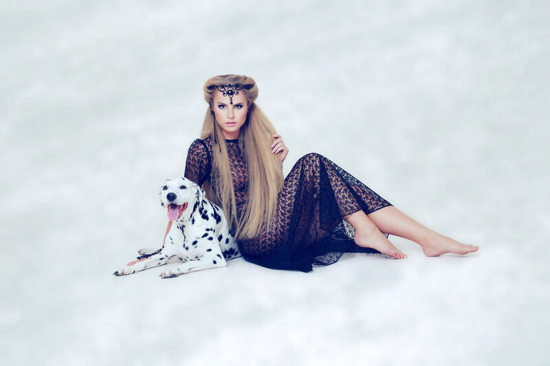 Woman with Dalmatian Dog — White, Serene