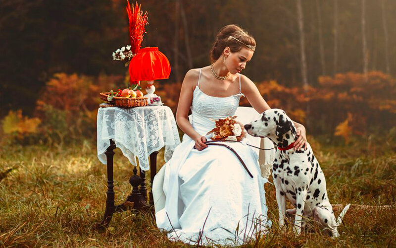 Woman with Dalmatian Dog — White