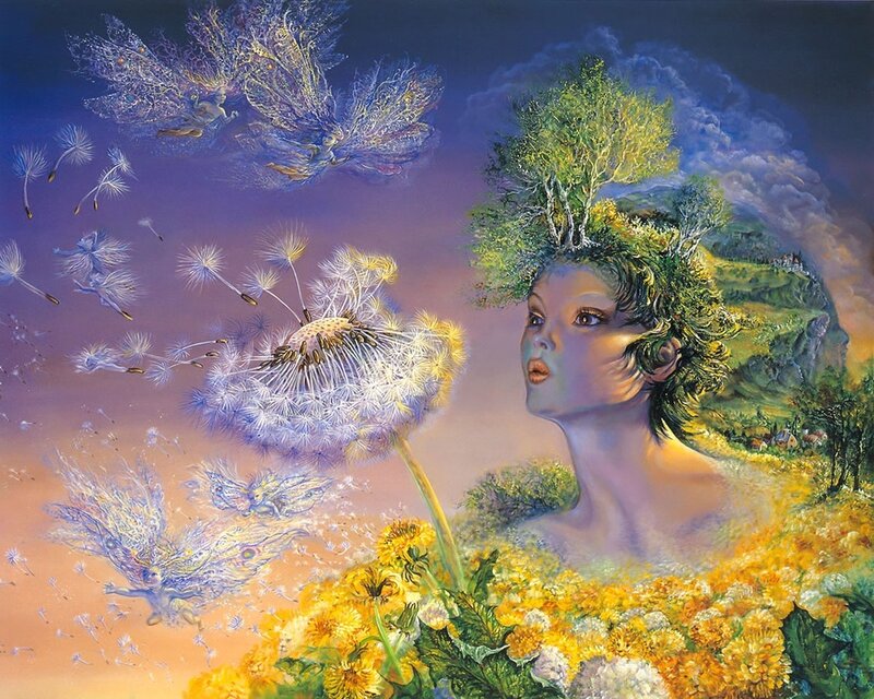 Woman with dandelion and fairies