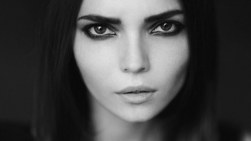 Woman with Dark Eyes — Black, Dramatic, Photograph, Hair, White