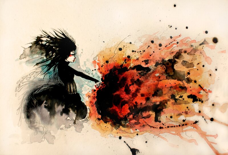 woman with dark hair and fire