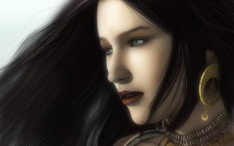 woman with dark hair and gold jewelry
