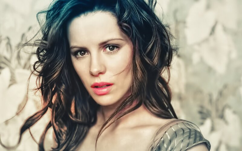 woman with dark hair and pink lips