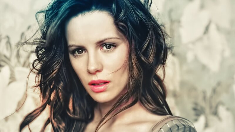 woman with dark hair and pink lips