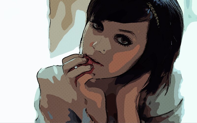 woman with dark hair and red lipstick
