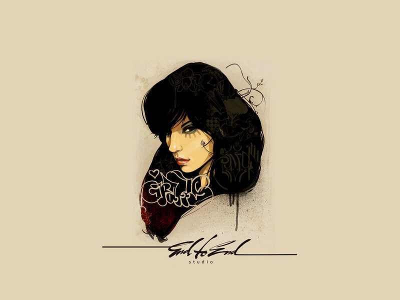 Woman with Dark Hair — Beige, Dramatic, Digital Art, Tattoo
