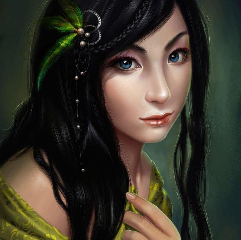 Woman with Dark Hair — Black, Calm, Digital Art, Feather