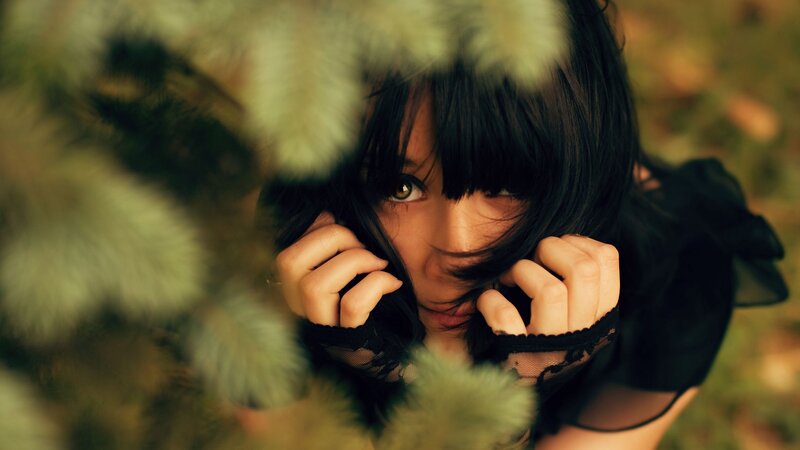 Woman with Dark Hair — Black, Dramatic, Autumn, Photograph, Hands, Leaves