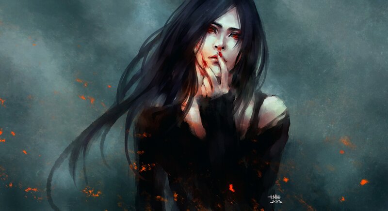 Woman with Dark Hair — Black, Dramatic, Digital Art, Blood
