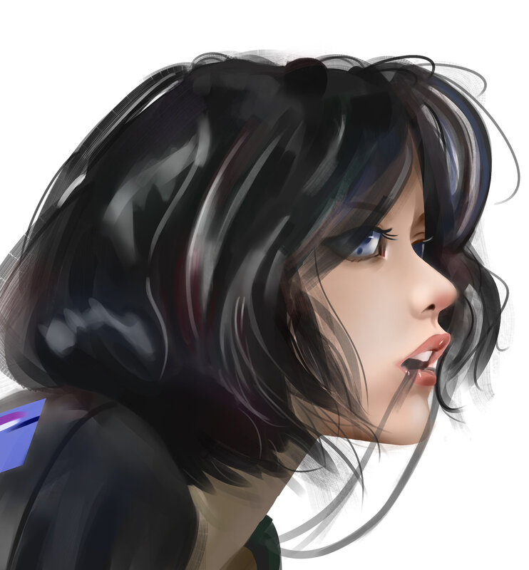 Woman with Dark Hair — Black, Dramatic, Digital Art, Blue Eyes