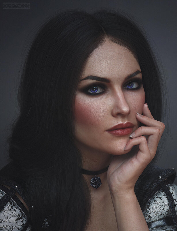 Woman with Dark Hair — Black, Dramatic, Digital Art, Choker