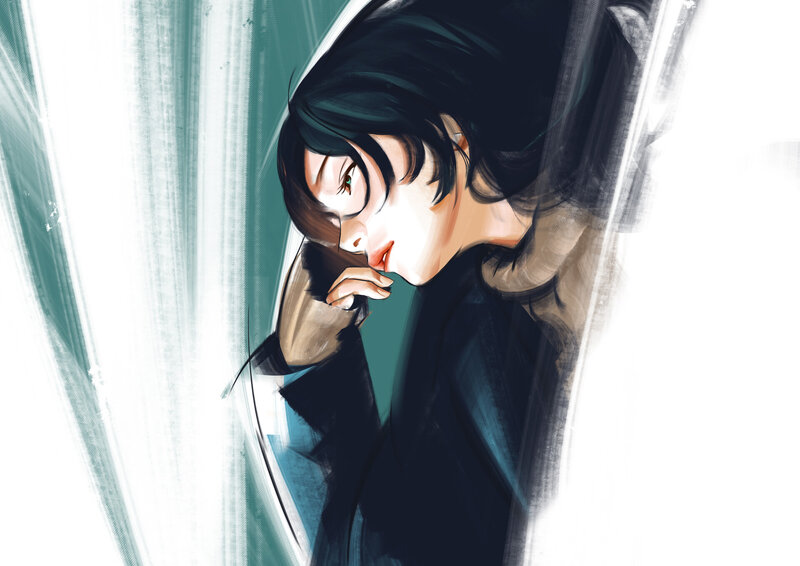 Woman with Dark Hair — Black, Dramatic, Digital Art, Curtain