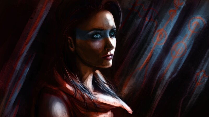 Woman with Dark Hair — Black, Dramatic, Digital Art, Dark Background, Red Markings