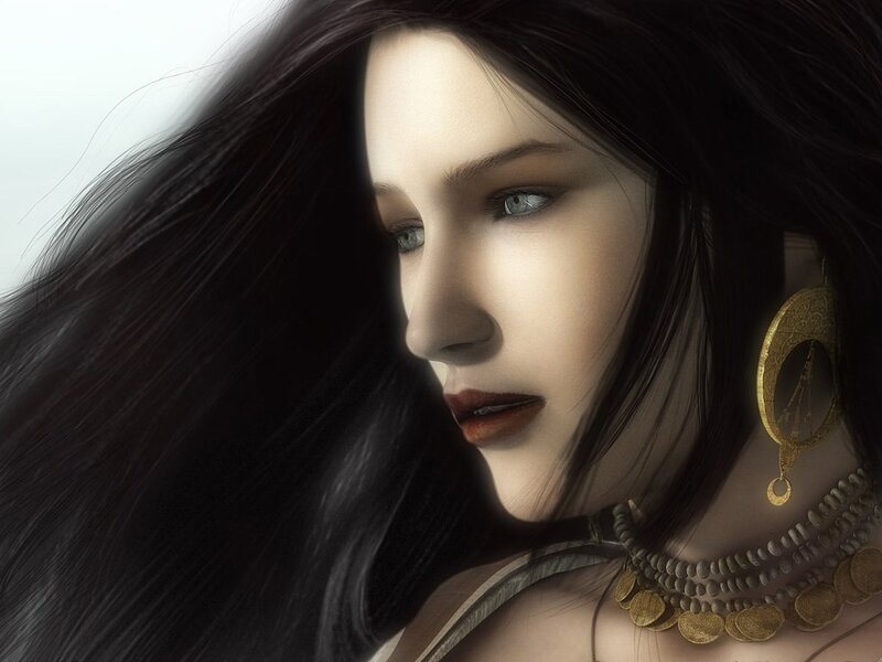 Woman with Dark Hair — Black, Dramatic, Digital Art, Earring, Necklace