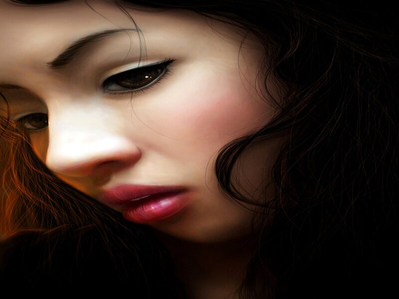 Woman with Dark Hair — Black, Dramatic, Digital Art, Face, Lipstick