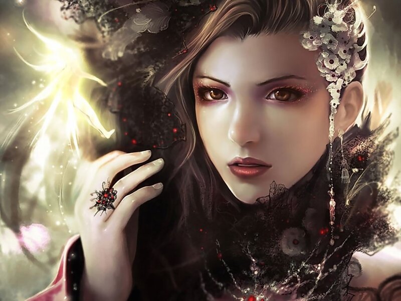Woman with Dark Hair — Black, Dramatic, Digital Art, Flowers, Ring, Light