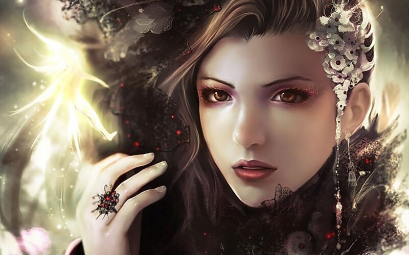 Woman with Dark Hair — Black, Dramatic, Digital Art, Flowers, Ring, Light, White