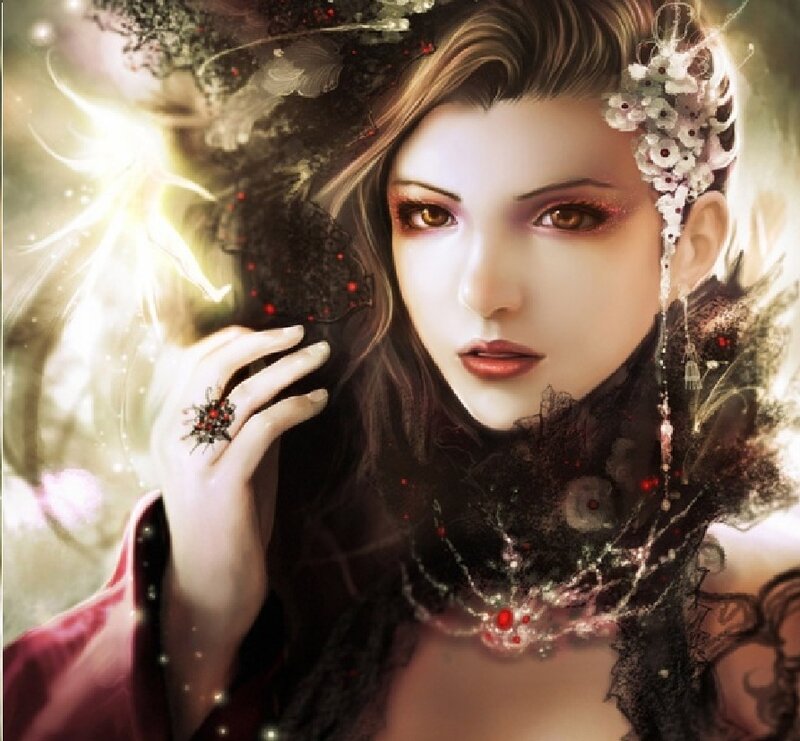 Woman with Dark Hair — Black, Dramatic, Digital Art, Flowers, Ring