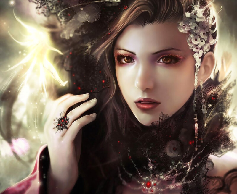 Woman with Dark Hair — Black, Dramatic, Digital Art, Flowers
