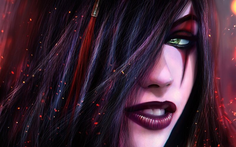 Woman with Dark Hair — Black, Dramatic, Digital Art, Green Eyes