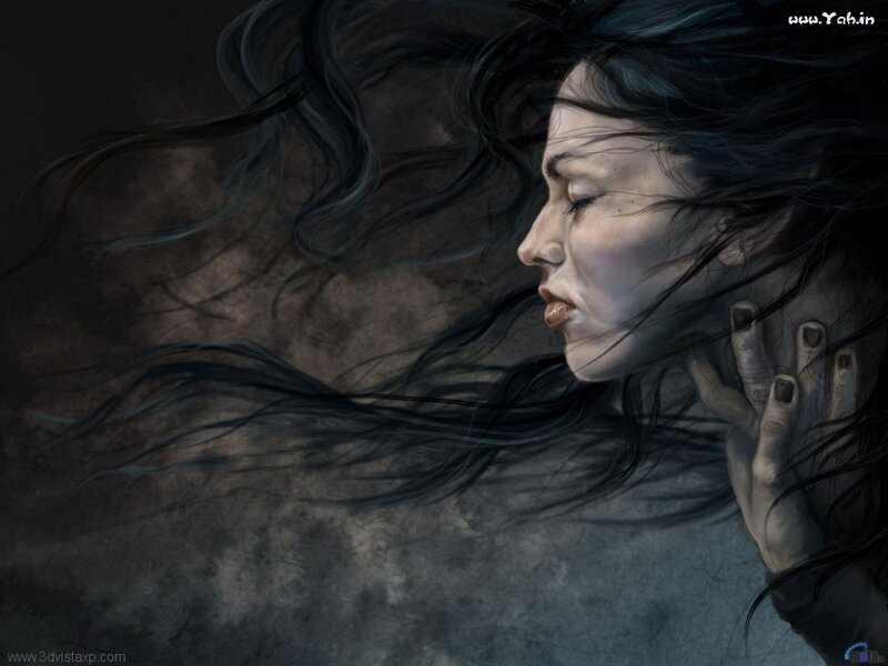 Woman with Dark Hair — Black, Dramatic, Digital Art, Hand, Face, Gray, White