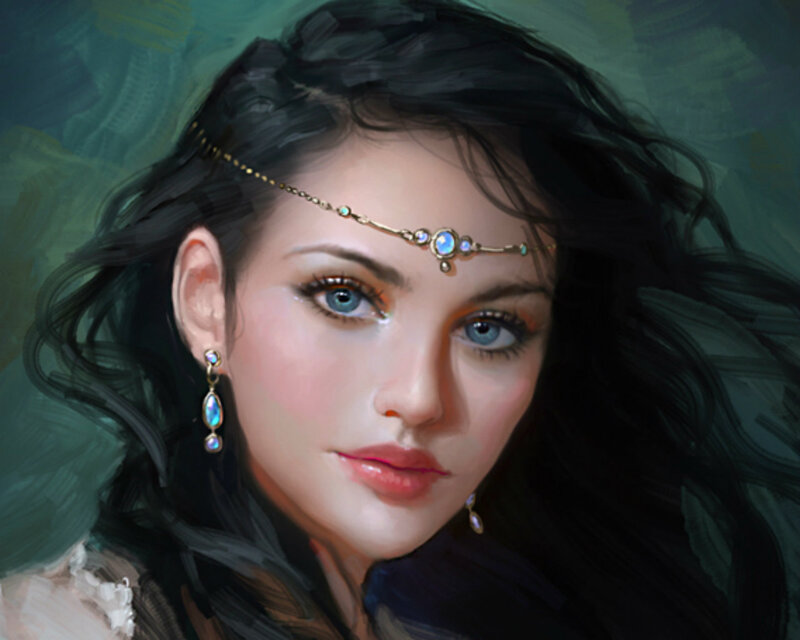 Woman with Dark Hair — Black, Dramatic, Digital Art, Headband