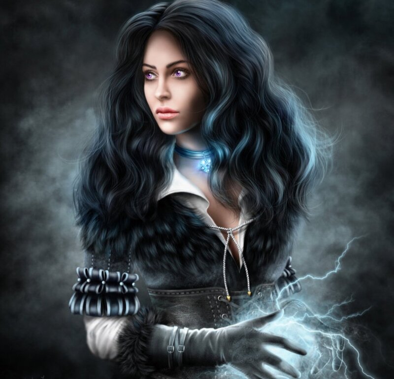 Woman with Dark Hair — Black, Dramatic, Digital Art, Lightning