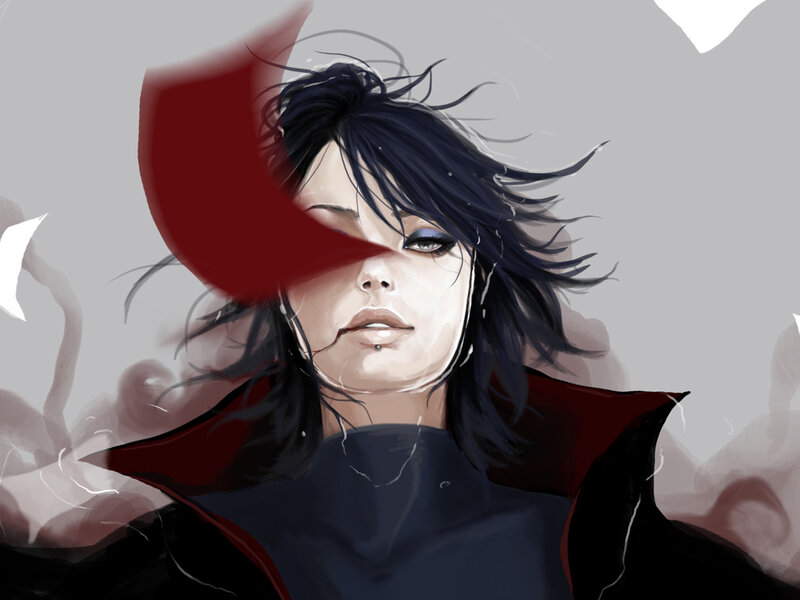 Woman with Dark Hair — Black, Dramatic, Digital Art, Red Cloak