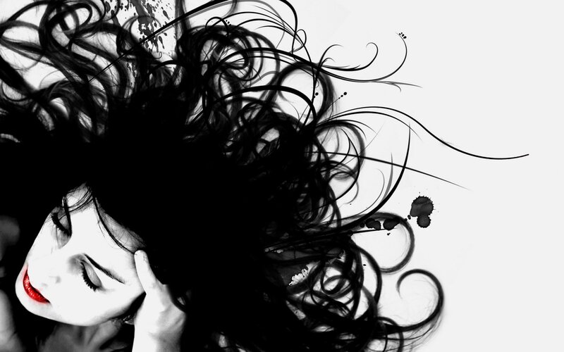 Woman with Dark Hair — Black, Dramatic, Digital Art, Red Lips, Hand
