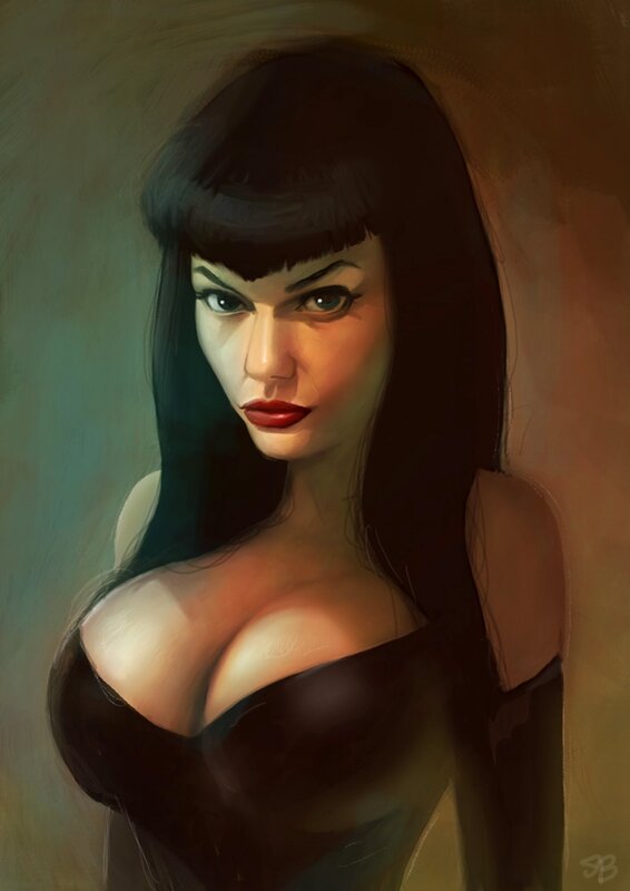 Woman with Dark Hair — Black, Dramatic, Digital Art, Red Lipstick