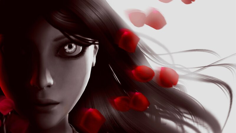 Woman with Dark Hair — Black, Dramatic, Digital Art, Rose Petals