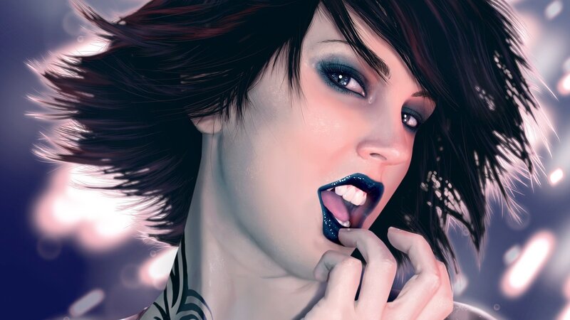 Woman with Dark Hair — Black, Dramatic, Digital Art, Tattoo, Makeup