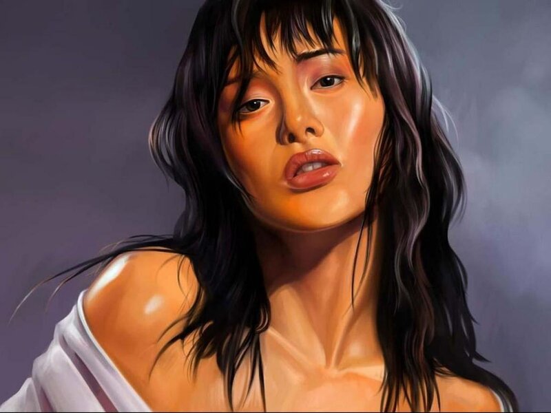 Woman with Dark Hair — Black, Dramatic, Digital Art