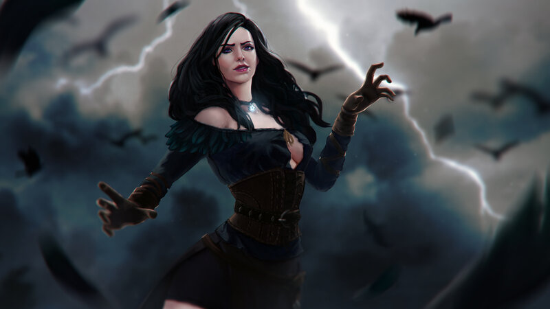 Woman with Dark Hair — Black, Dramatic, Night, Digital Art, Birds, Lightning