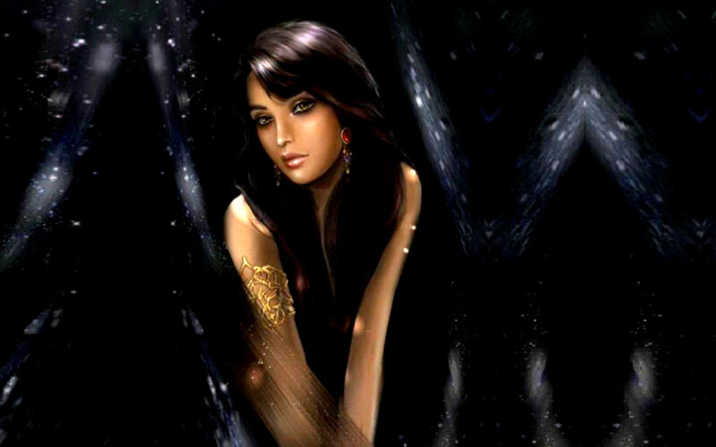 Woman with Dark Hair — Black, Dramatic, Night, Digital Art, Earrings