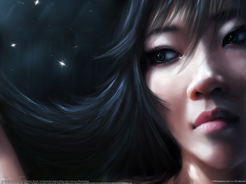 Woman with Dark Hair — Black, Dramatic, Night, Digital Art, Eyes