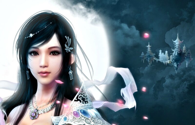 Woman with Dark Hair — Black, Dramatic, Night, Digital Art, Floating Castle