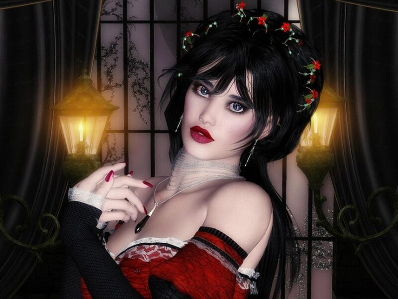Woman with Dark Hair — Black, Dramatic, Night, Digital Art, Flowers