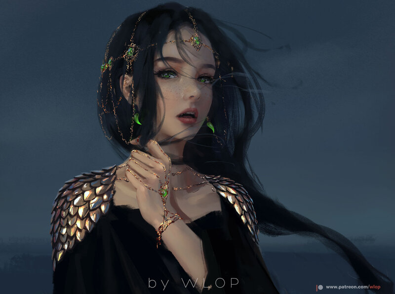 Woman with Dark Hair — Black, Dramatic, Night, Digital Art, Jewelry