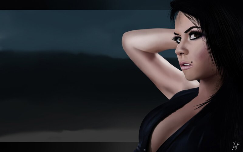 Woman with Dark Hair — Black, Dramatic, Night, Digital Art, Lip Piercing