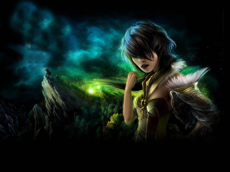 Woman with Dark Hair — Black, Dramatic, Night, Digital Art, Mountain