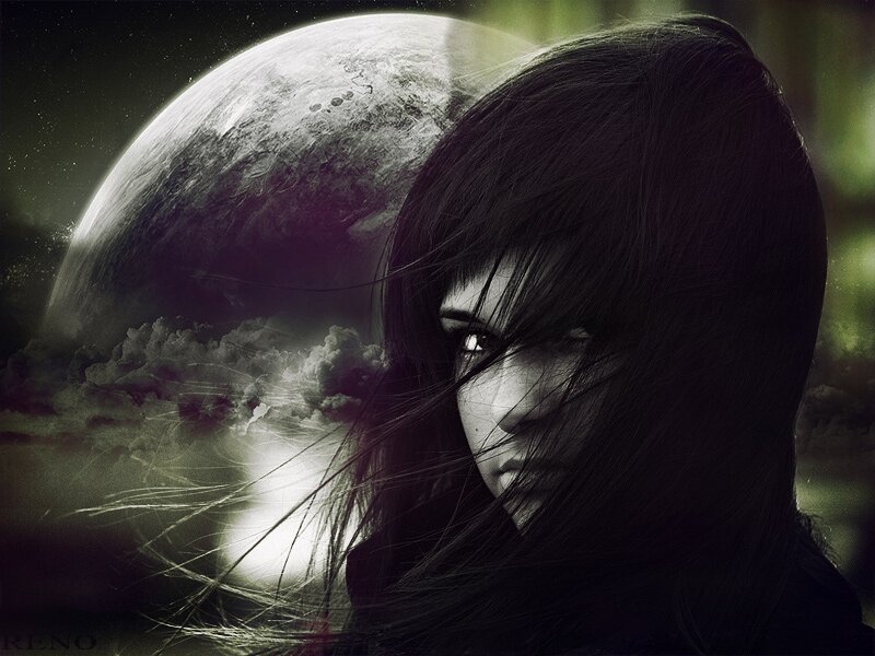 Woman with Dark Hair — Black, Dramatic, Night, Digital Art, Planet