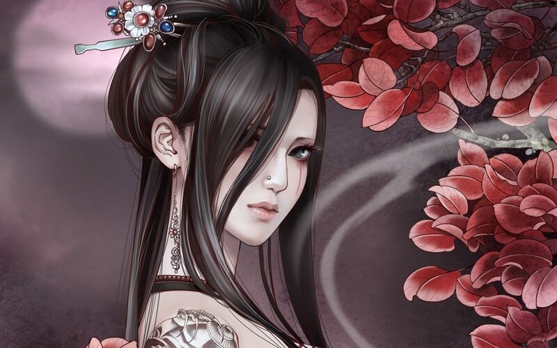 Woman with Dark Hair — Black, Dramatic, Night, Digital Art, Red Leaves, Hair Ornament, Tattoo