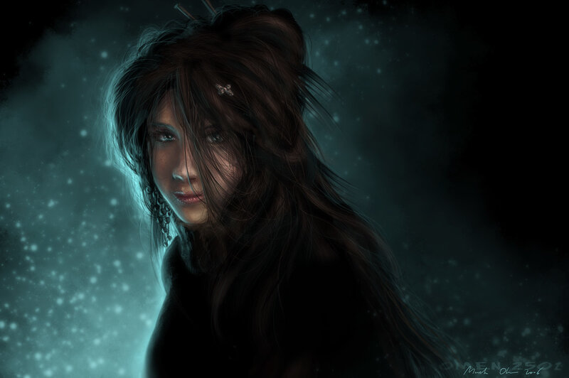 Woman with Dark Hair — Black, Dramatic, Night, Digital Art, Sparkles